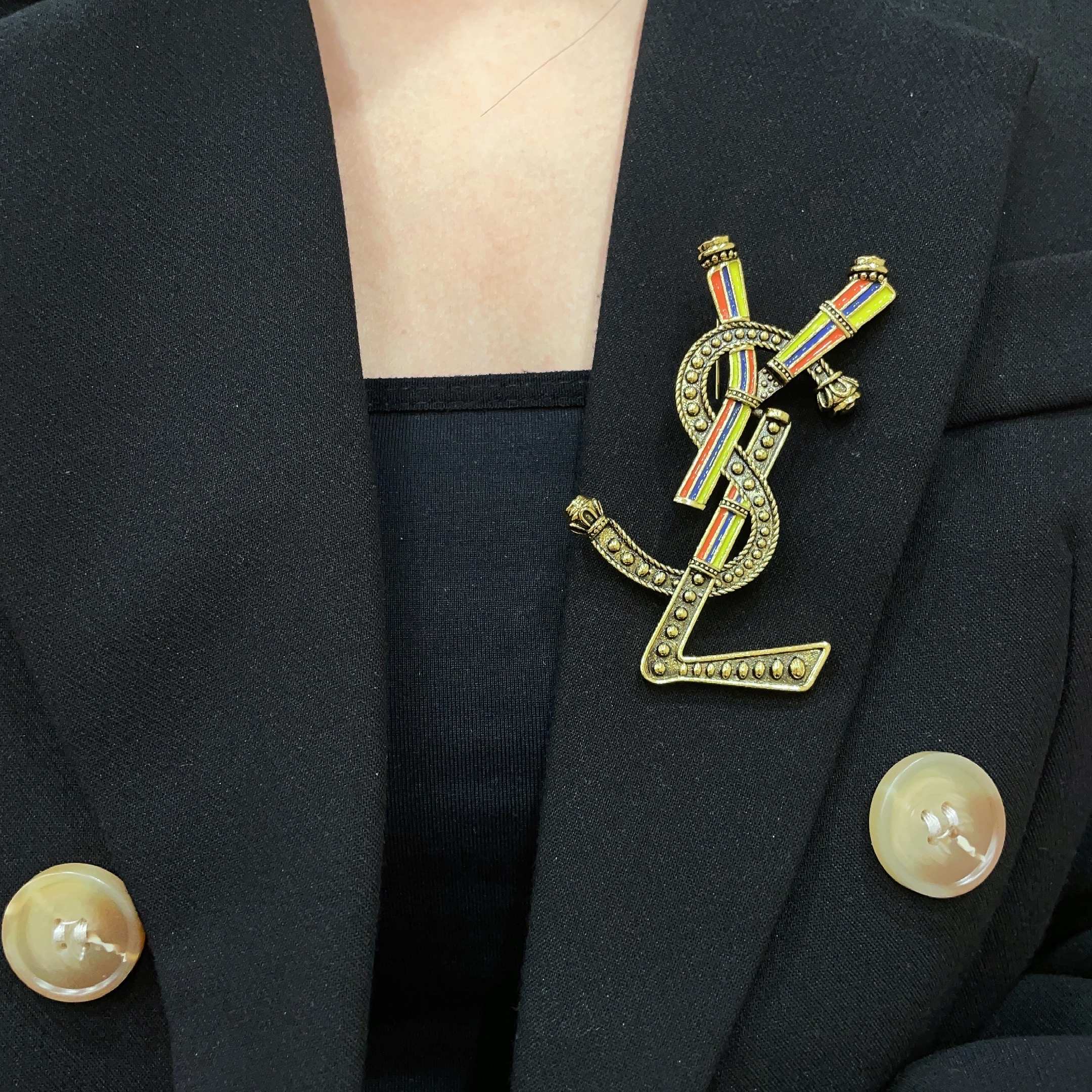 YSL 26S RAINBOW STRIPE LOGO BROOCH IN AGED GOLD TONE METAL 634975