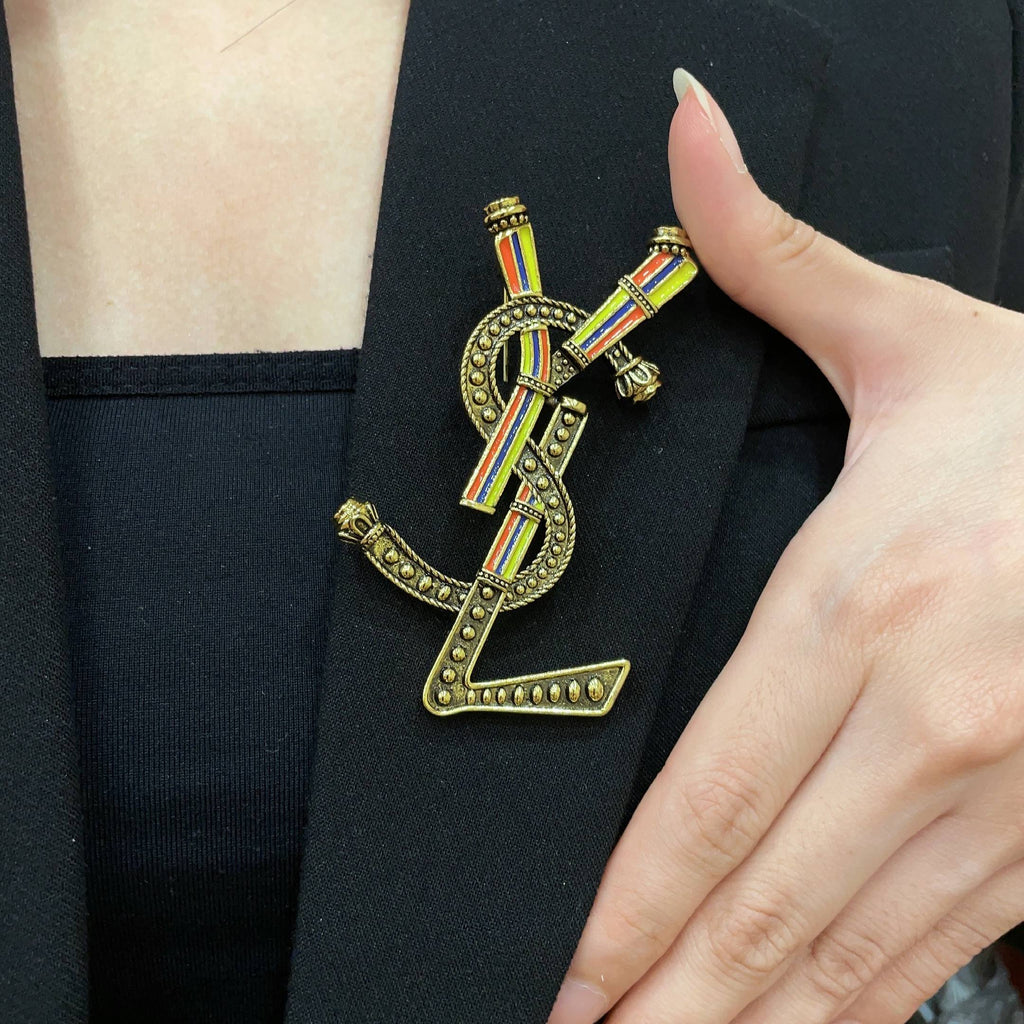 YSL 26S RAINBOW STRIPE LOGO BROOCH IN AGED GOLD TONE METAL 634975