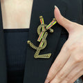 YSL 26S RAINBOW STRIPE LOGO BROOCH IN AGED GOLD TONE METAL 634975