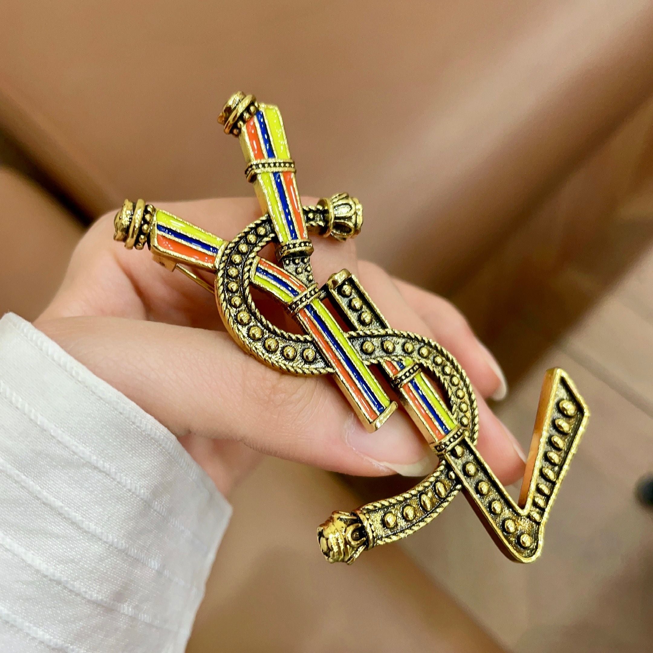 YSL 26S RAINBOW STRIPE LOGO BROOCH IN AGED GOLD TONE METAL 634975