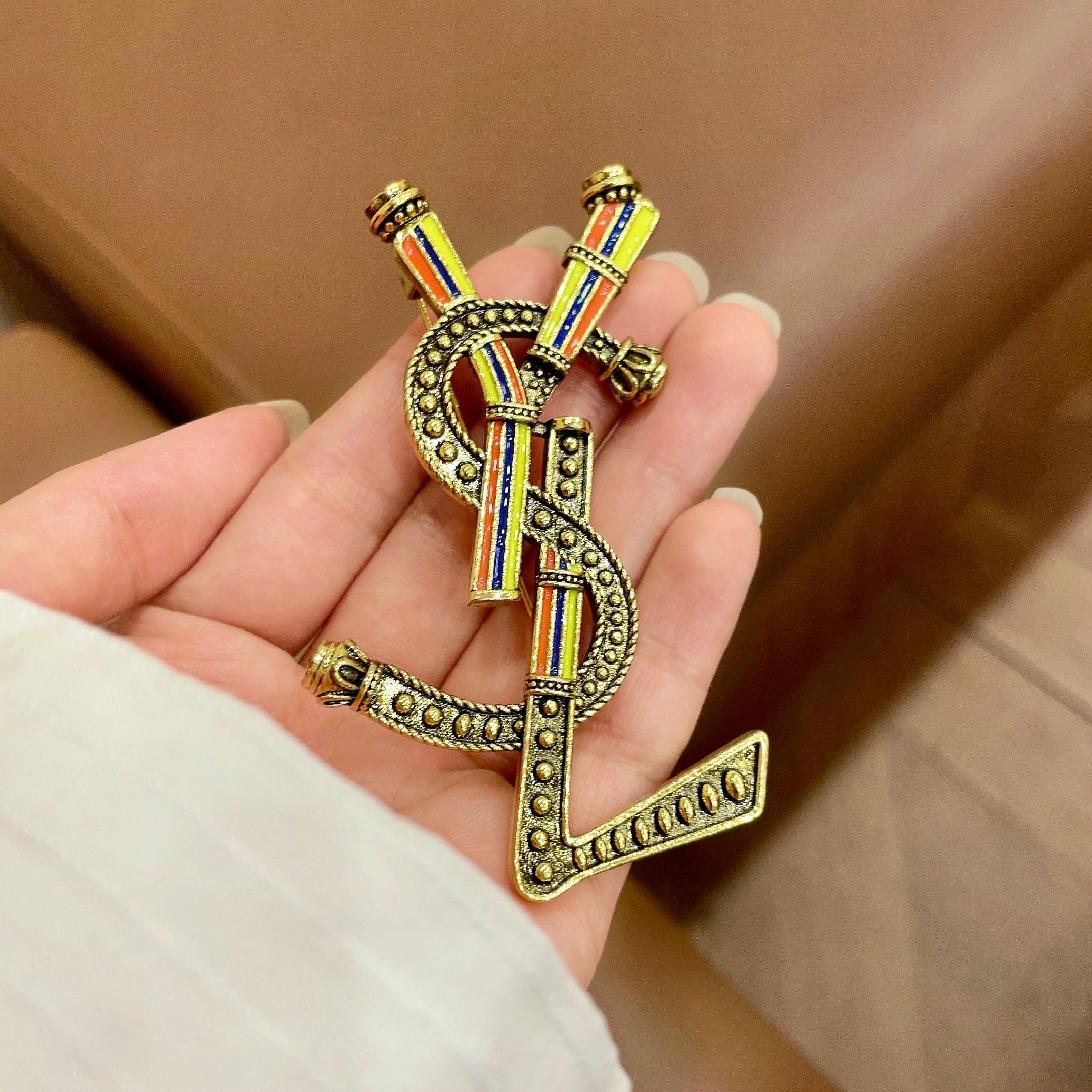 YSL 26S RAINBOW STRIPE LOGO BROOCH IN AGED GOLD TONE METAL 634975