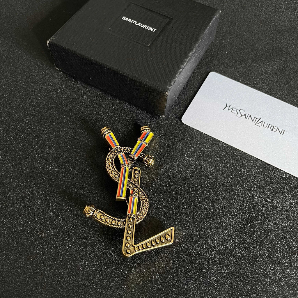 YSL 26S RAINBOW STRIPE LOGO BROOCH IN AGED GOLD TONE METAL 634975