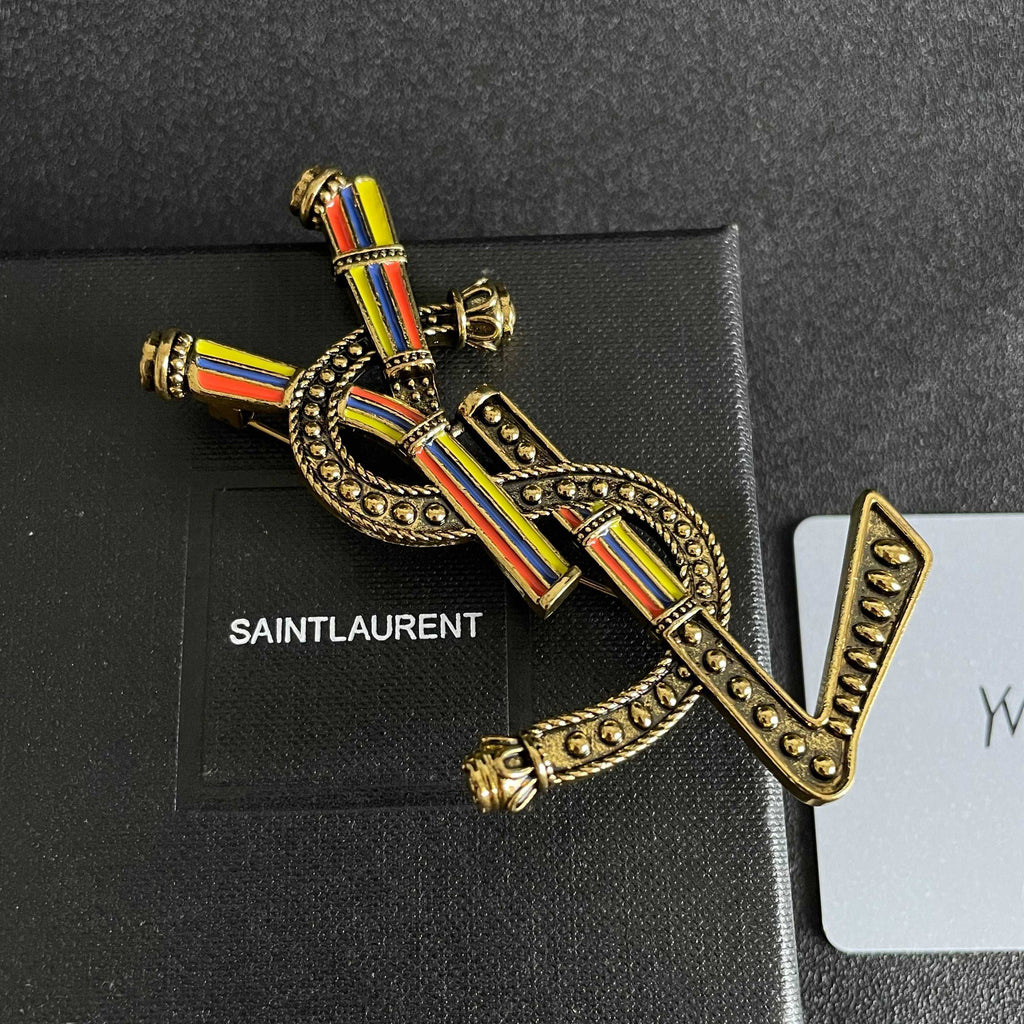 YSL 26S RAINBOW STRIPE LOGO BROOCH IN AGED GOLD TONE METAL 634975