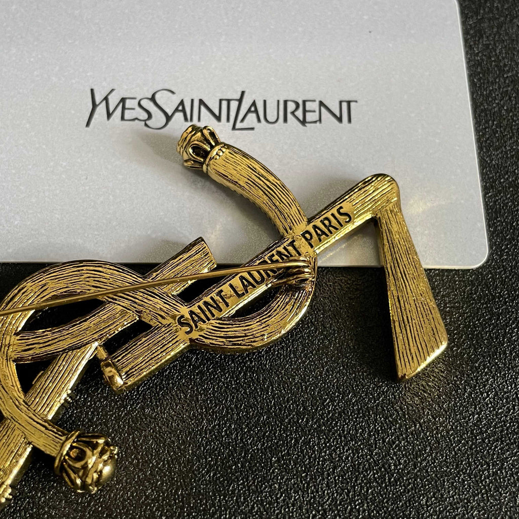 YSL 26S RAINBOW STRIPE LOGO BROOCH IN AGED GOLD TONE METAL 634975