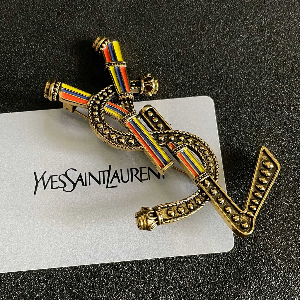 YSL 26S RAINBOW STRIPE LOGO BROOCH IN AGED GOLD TONE METAL 634975