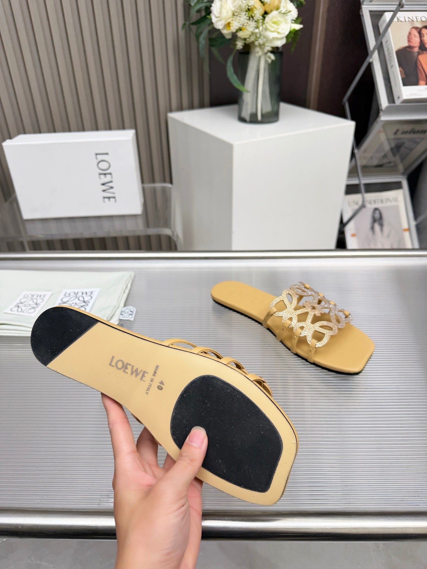 LOEWE 26S FLAT SANDALS IN WARM BEIGE CALFSKIN WITH CRYSTALS