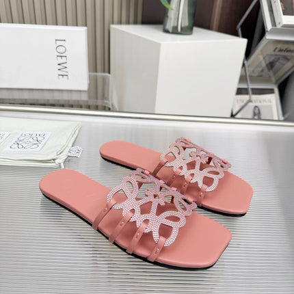 LOEWE 26S FLAT SANDALS IN PINK CALFSKIN WITH CRYSTALS