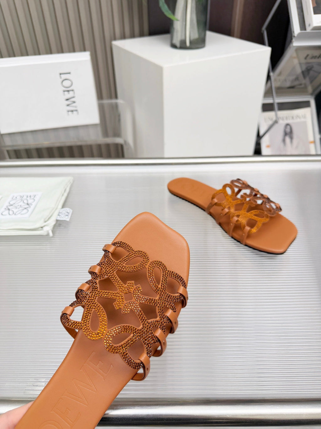 LOEWE 26S FLAT SANDALS IN BURNT ORANGE CALFSKIN WITH CRYSTALS