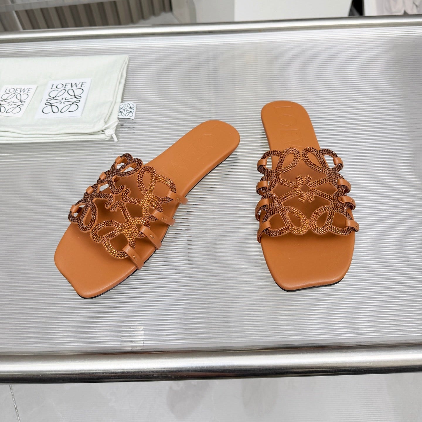LOEWE 26S FLAT SANDALS IN BURNT ORANGE CALFSKIN WITH CRYSTALS