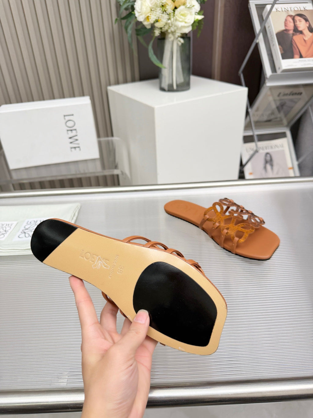 LOEWE 26S FLAT SANDALS IN BURNT ORANGE CALFSKIN WITH CRYSTALS