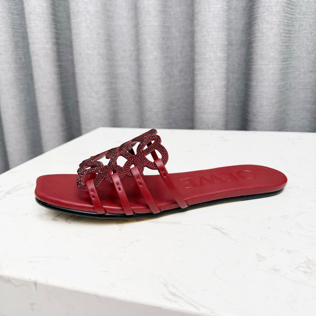 LOEWE 26S FLAT SANDALS IN DARK RED CALFSKIN WITH CRYSTALS