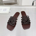 LOEWE 26S FLAT SANDALS IN DARK BROWN CALFSKIN WITH CRYSTALS