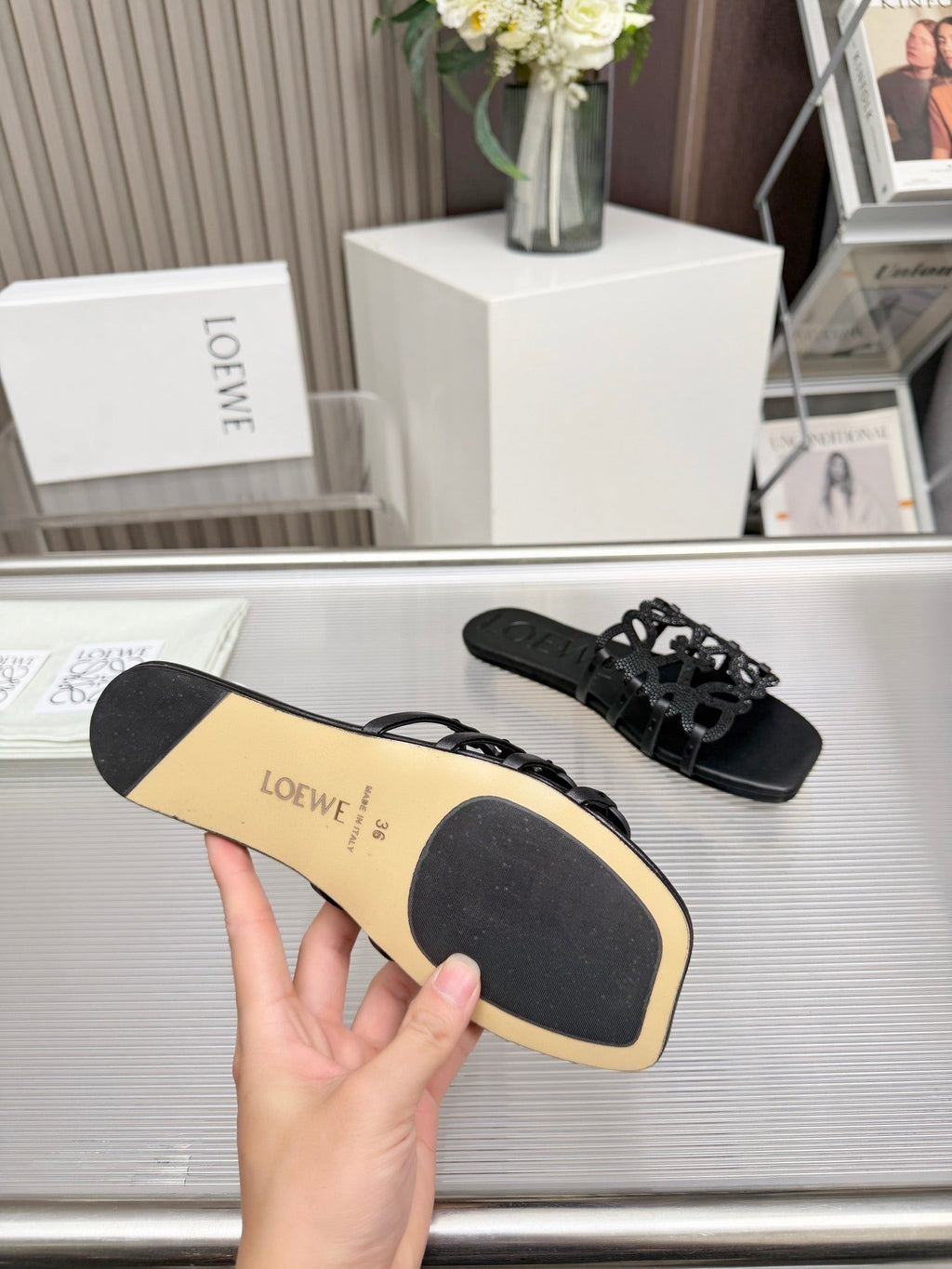 LOEWE 26S FLAT SANDALS IN BLACK CALFSKIN WITH CRYSTALS