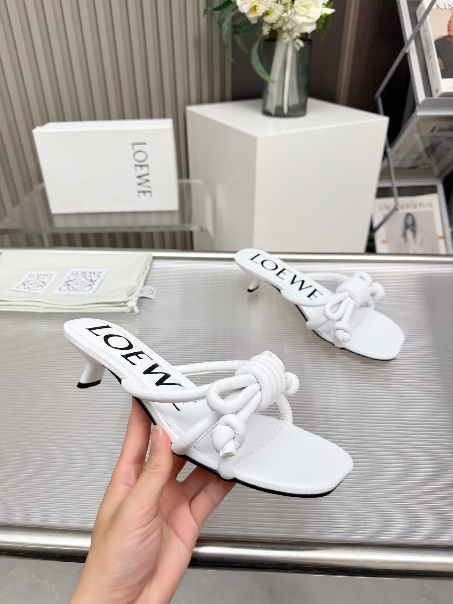 LOEWE 26S KITTEN HEEL KNOT SANDALS 45MM IN WHITE CALFSKIN