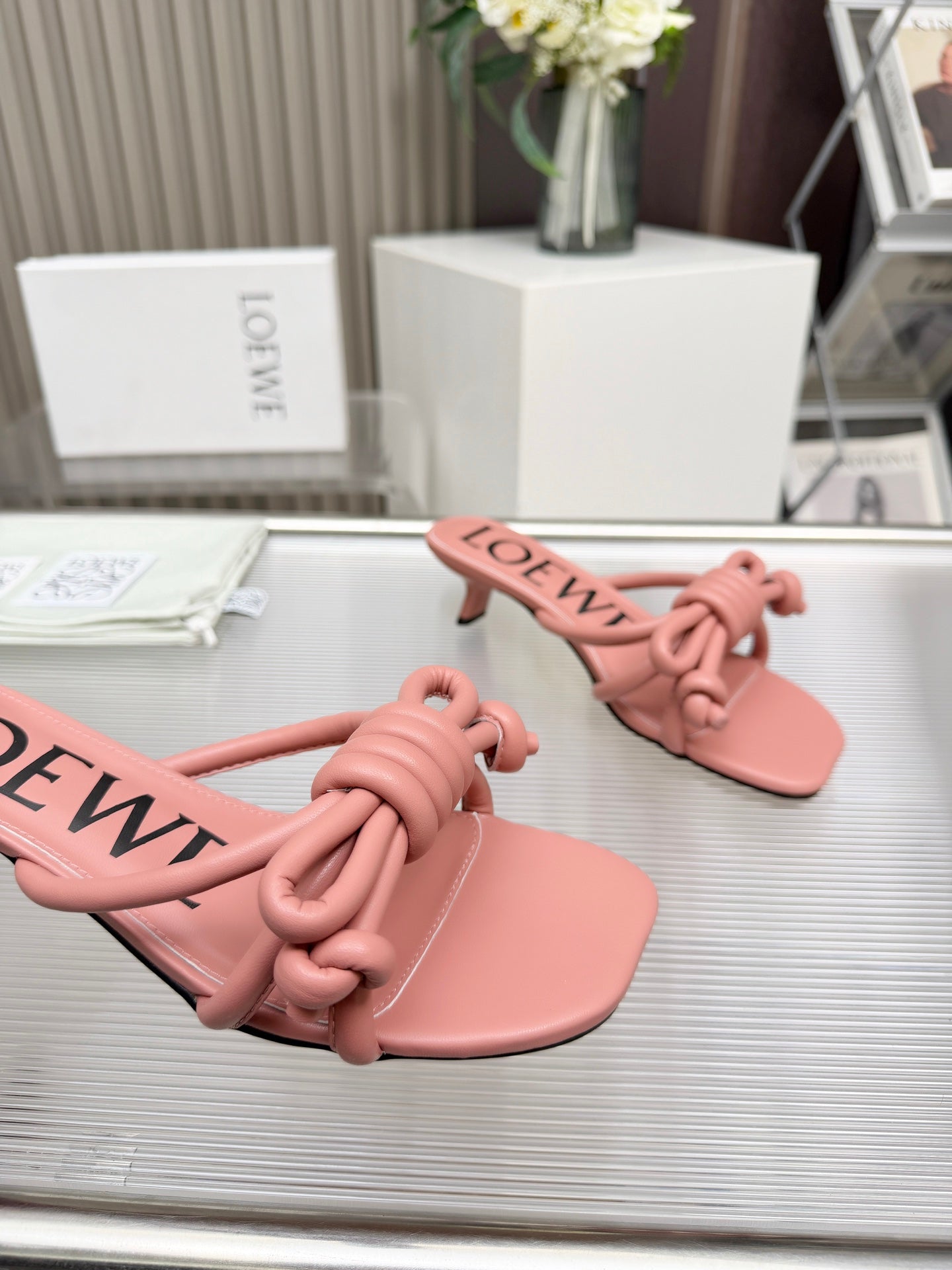 LOEWE 26S KITTEN HEEL KNOT SANDALS 45MM IN PINK CALFSKIN