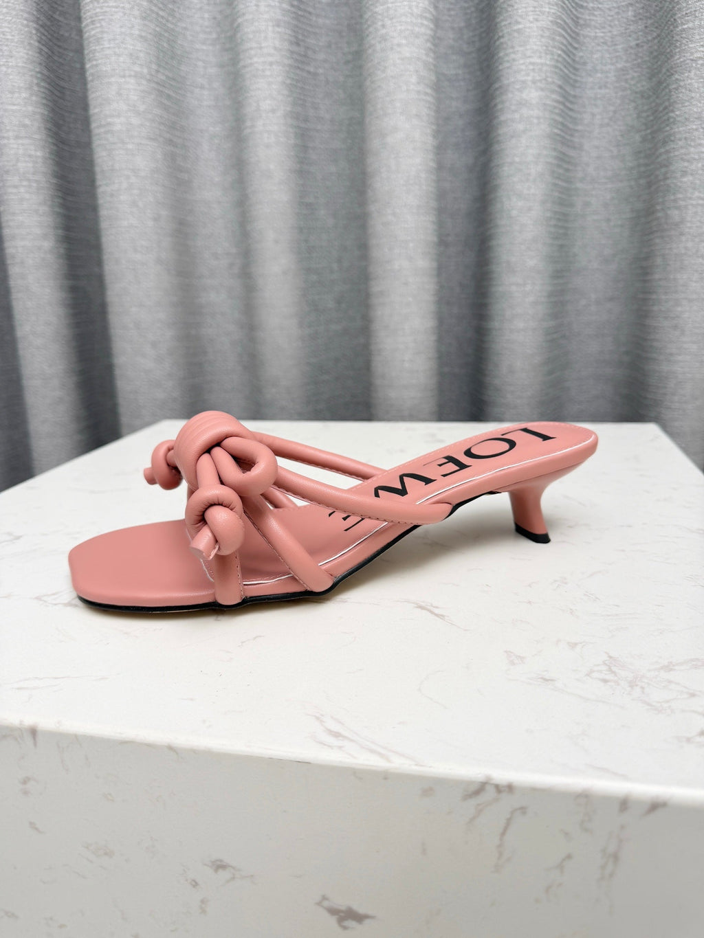 LOEWE 26S KITTEN HEEL KNOT SANDALS 45MM IN PINK CALFSKIN