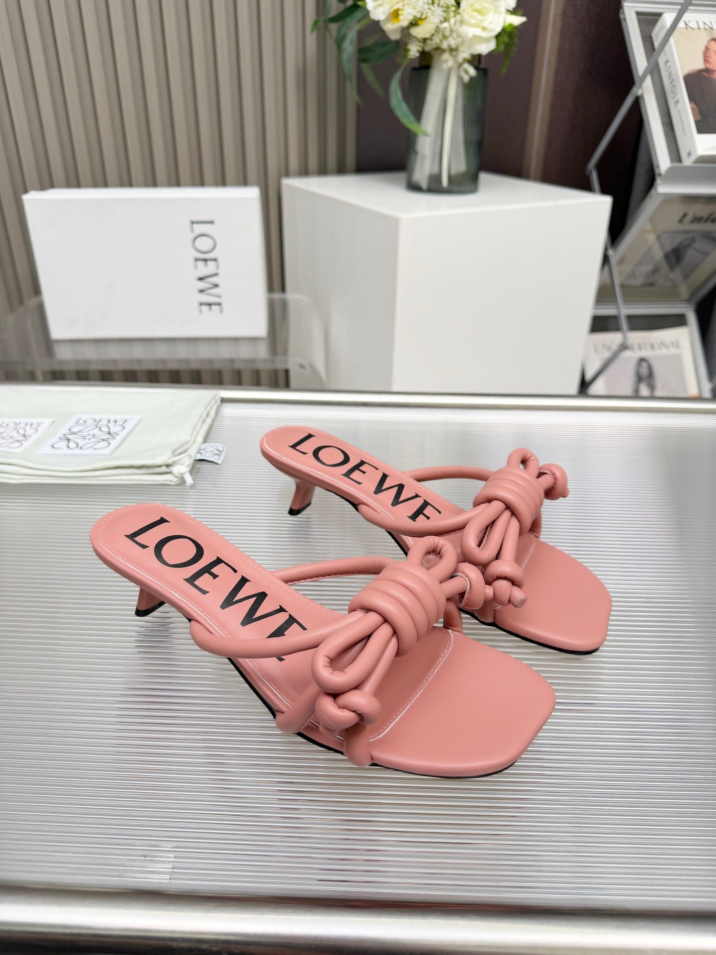 LOEWE 26S KITTEN HEEL KNOT SANDALS 45MM IN PINK CALFSKIN