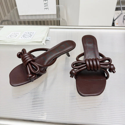 LOEWE 26S KITTEN HEEL KNOT SANDALS 45MM IN DARK BROWN CALFSKIN