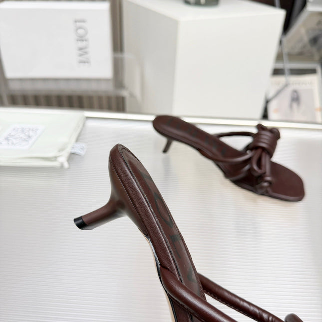 LOEWE 26S KITTEN HEEL KNOT SANDALS 45MM IN DARK BROWN CALFSKIN