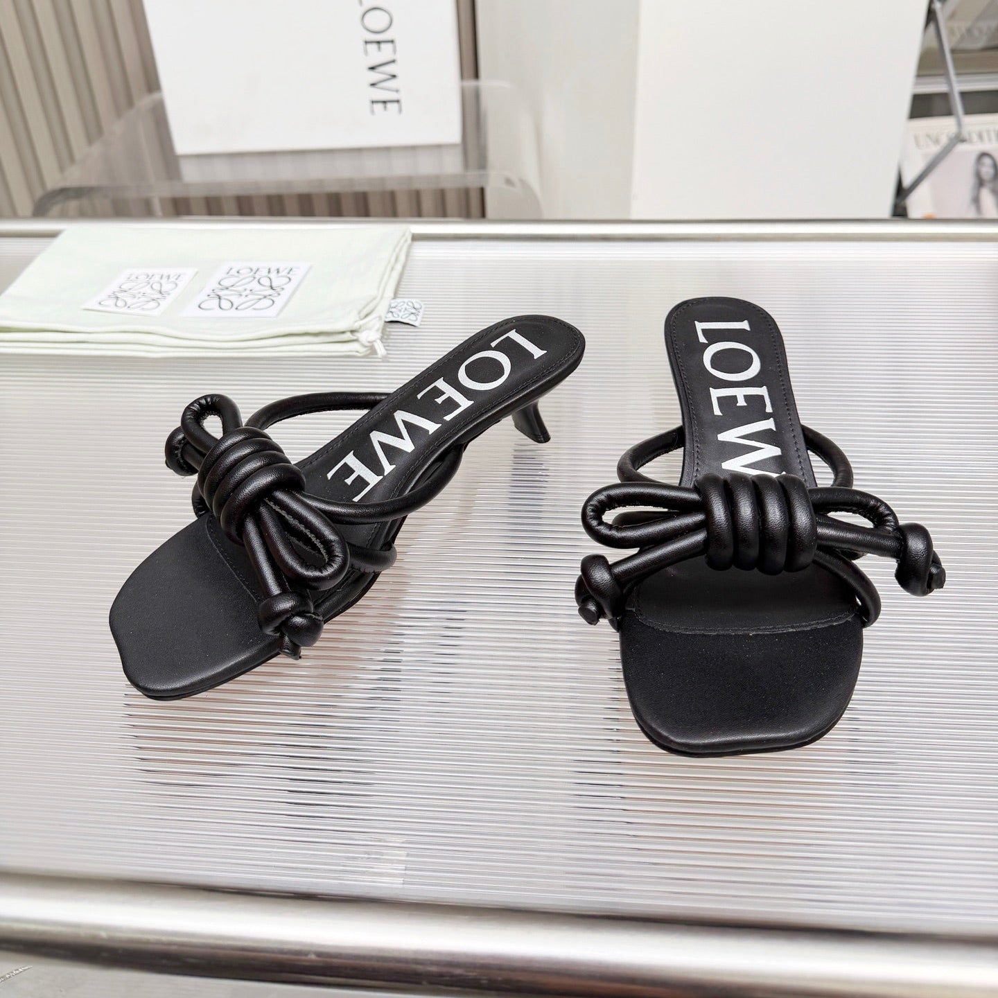 LOEWE 26S KITTEN HEEL KNOT SANDALS 45MM IN BLACK CALFSKIN