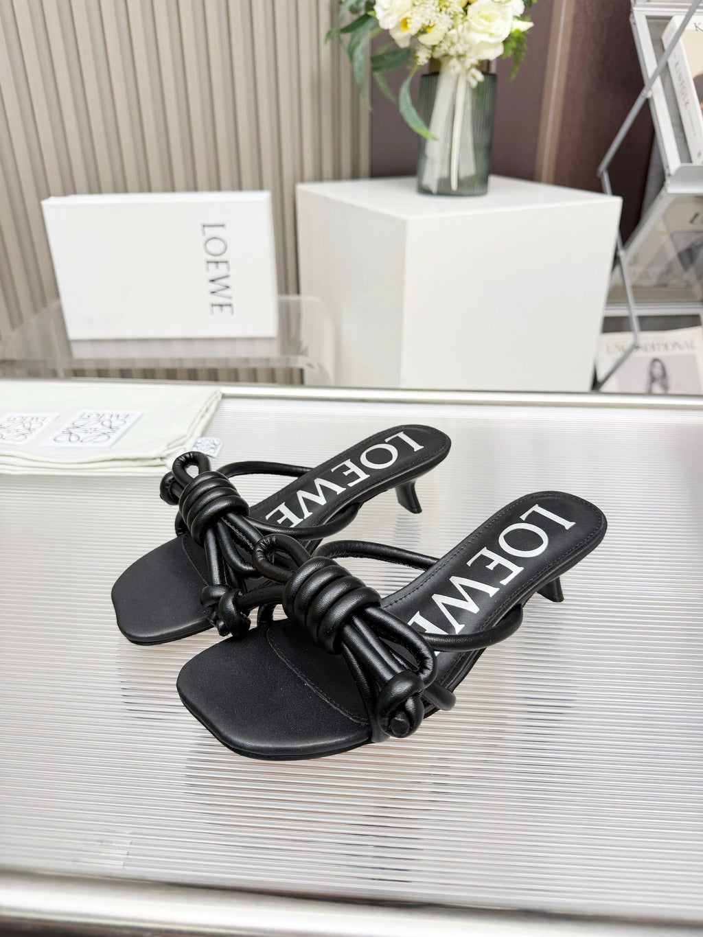 LOEWE 26S KITTEN HEEL KNOT SANDALS 45MM IN BLACK CALFSKIN