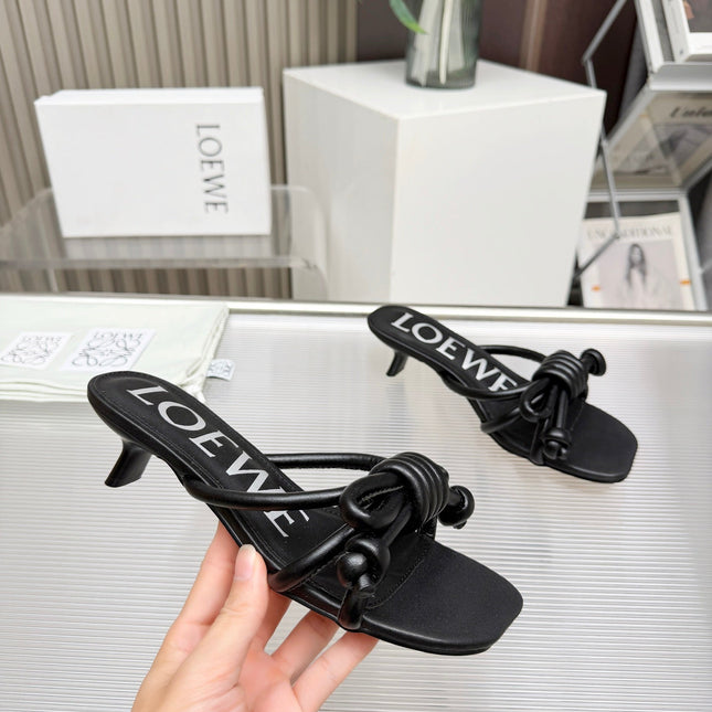 LOEWE 26S KITTEN HEEL KNOT SANDALS 45MM IN BLACK CALFSKIN