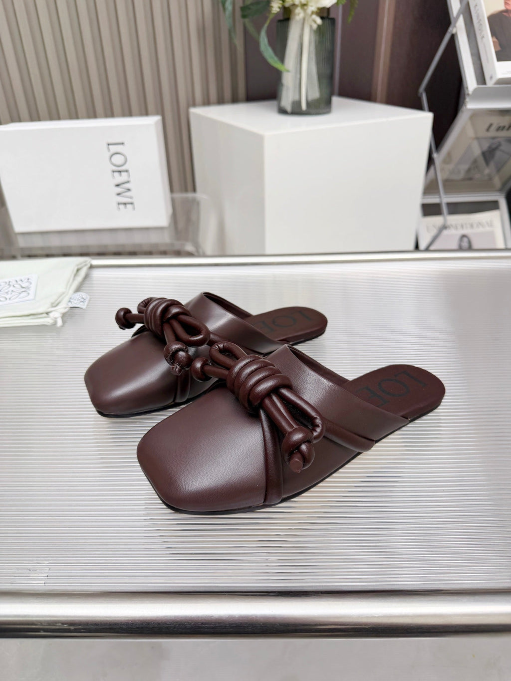 LOEWE 26S MULE LOAFERS IN DARK BROWN CALFSKIN KNOT DETAIL