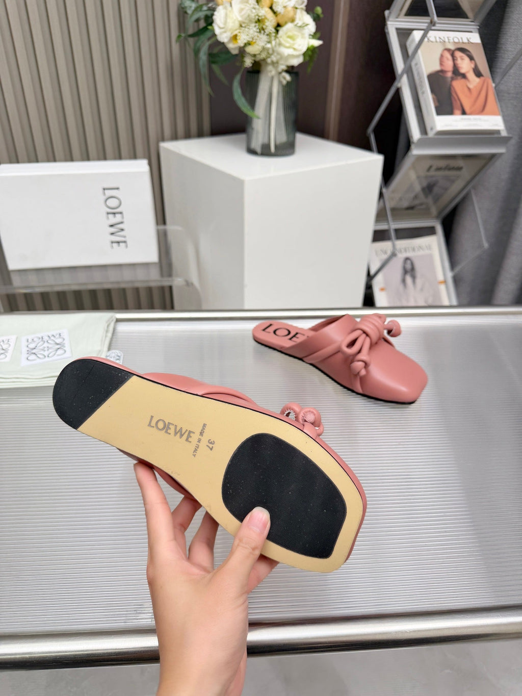 LOEWE 26S MULE LOAFERS IN PINK CALFSKIN KNOT DETAIL