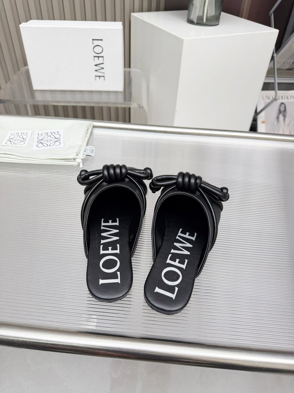 LOEWE 26S MULE LOAFERS IN BLACK CALFSKIN KNOT DETAIL