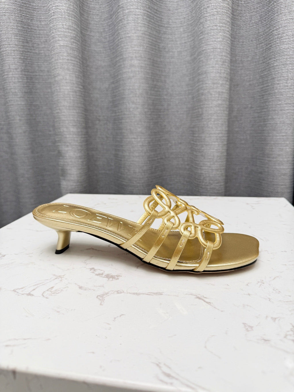 LOEWE 26S PETAL ANAGRAM KITTEN HEEL SANDALS 45MM IN GOLD SOFT CALFSKIN