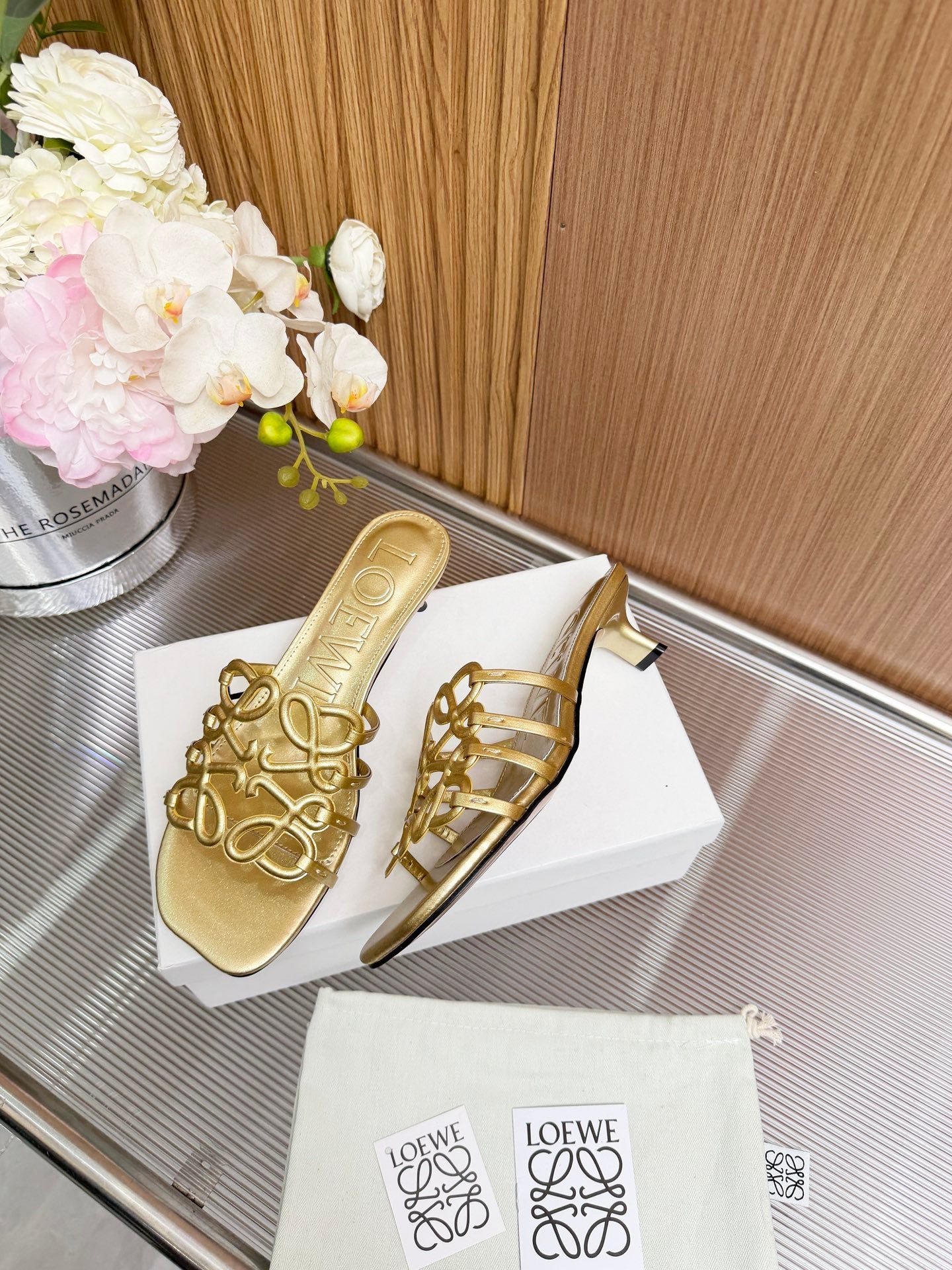 LOEWE 26S PETAL ANAGRAM KITTEN HEEL SANDALS 45MM IN GOLD SOFT CALFSKIN