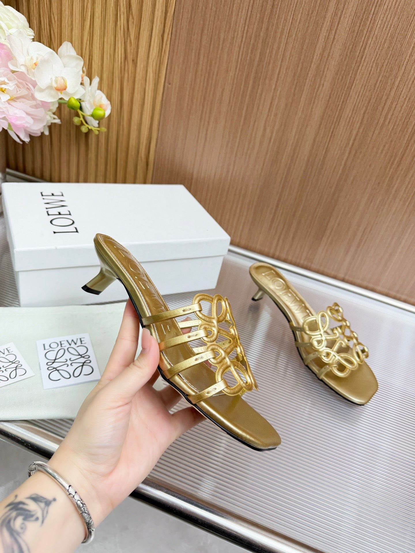 LOEWE 26S PETAL ANAGRAM KITTEN HEEL SANDALS 45MM IN GOLD SOFT CALFSKIN