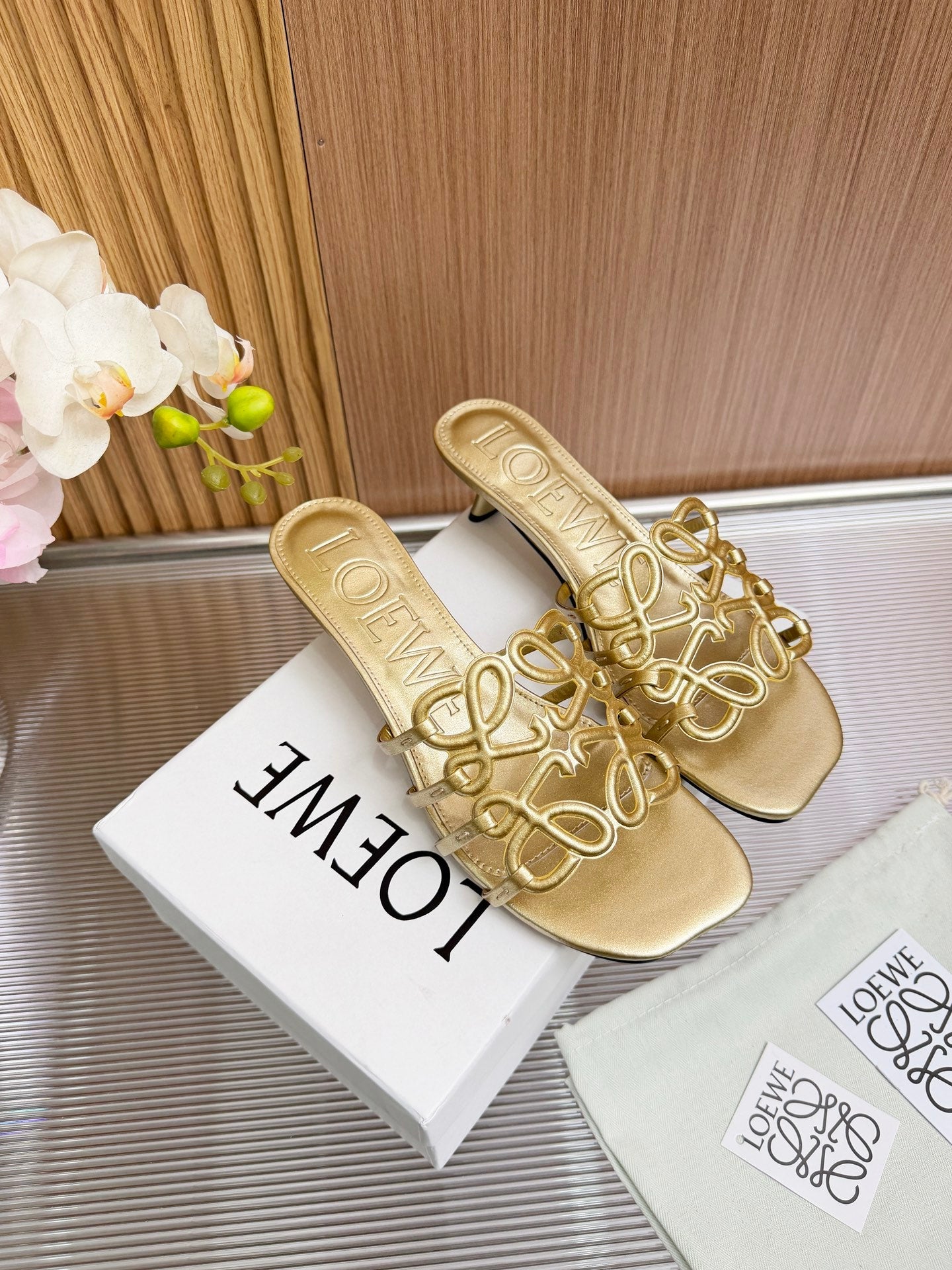 LOEWE 26S PETAL ANAGRAM KITTEN HEEL SANDALS 45MM IN GOLD SOFT CALFSKIN