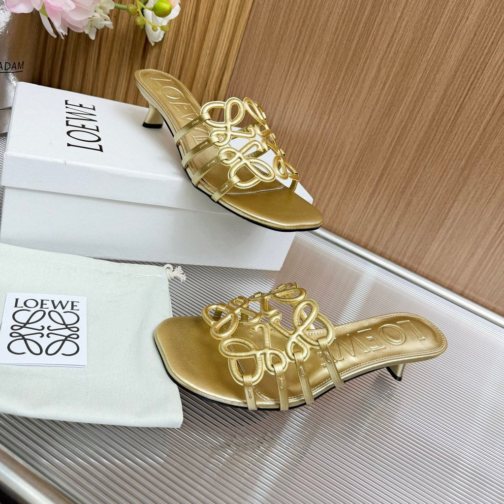 LOEWE 26S PETAL ANAGRAM KITTEN HEEL SANDALS 45MM IN GOLD SOFT CALFSKIN