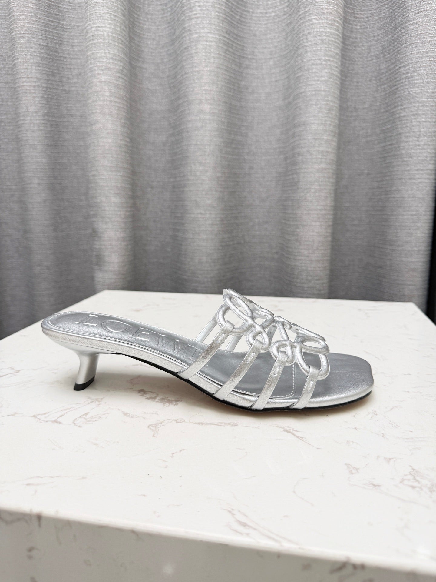 LOEWE 26S PETAL ANAGRAM KITTEN HEEL SANDALS 45MM IN SILVER SOFT CALFSKIN