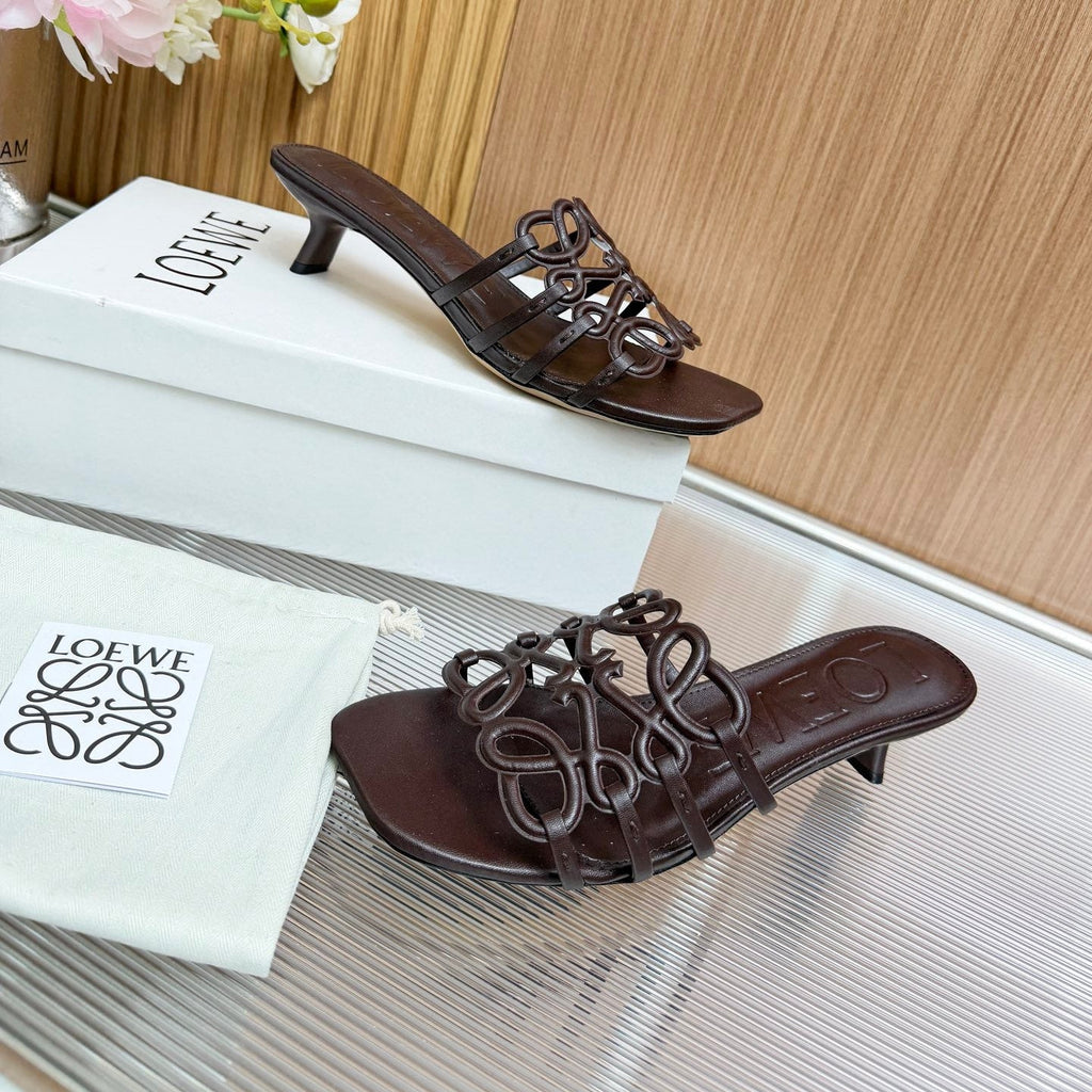 LOEWE 26S PETAL ANAGRAM KITTEN HEEL SANDALS 45MM IN DARK BROWN SOFT CALFSKIN