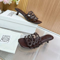 LOEWE 26S PETAL ANAGRAM KITTEN HEEL SANDALS 45MM IN DARK BROWN SOFT CALFSKIN