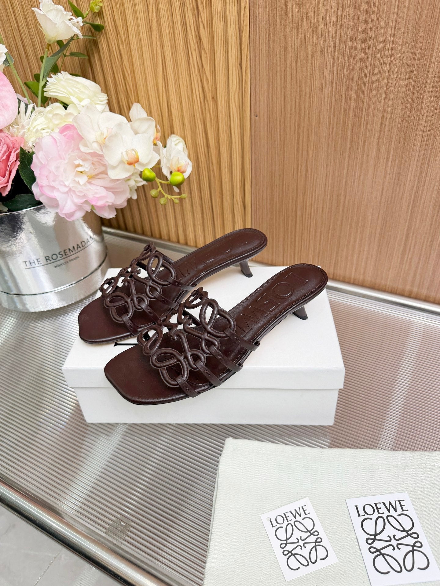 LOEWE 26S PETAL ANAGRAM KITTEN HEEL SANDALS 45MM IN DARK BROWN SOFT CALFSKIN