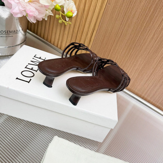LOEWE 26S PETAL ANAGRAM KITTEN HEEL SANDALS 45MM IN DARK BROWN SOFT CALFSKIN