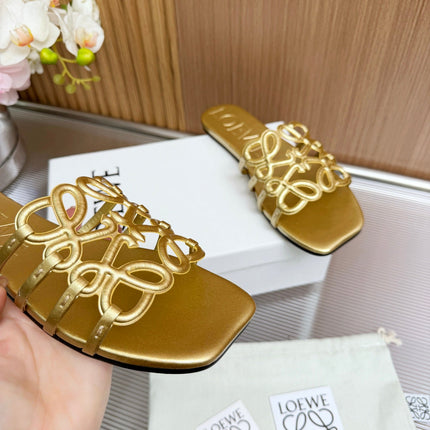 LOEWE 26S PETAL ANAGRAM SLIDE IN GOLD SOFT CALFSKIN