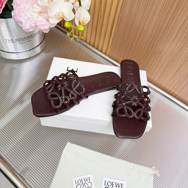LOEWE 26S PETAL ANAGRAM SLIDE IN DARK BROWN SOFT CALFSKIN