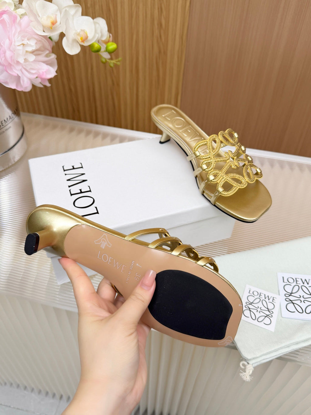LOEWE 26S PETAL ANAGRAM SLIDE 45MM IN GOLD SOFT CALFSKIN WITH CRYSTALS