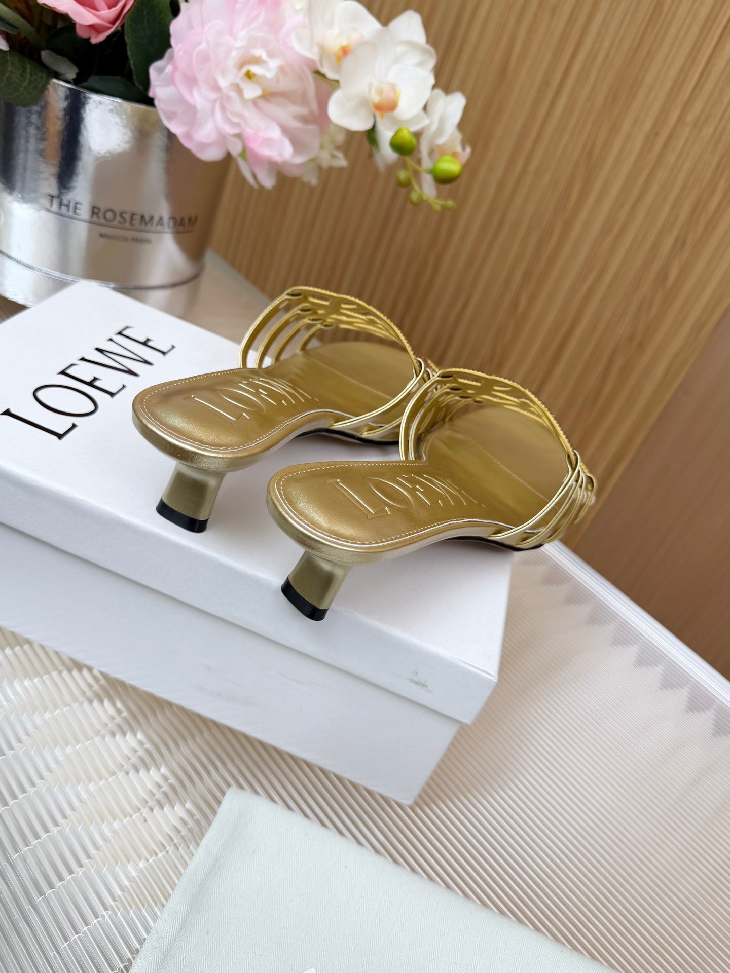 LOEWE 26S PETAL ANAGRAM SLIDE 45MM IN GOLD SOFT CALFSKIN WITH CRYSTALS
