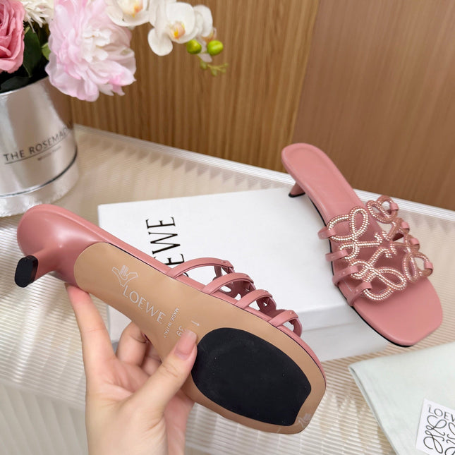 LOEWE 26S PETAL ANAGRAM SLIDE 45MM IN PINK SOFT CALFSKIN WITH CRYSTALS