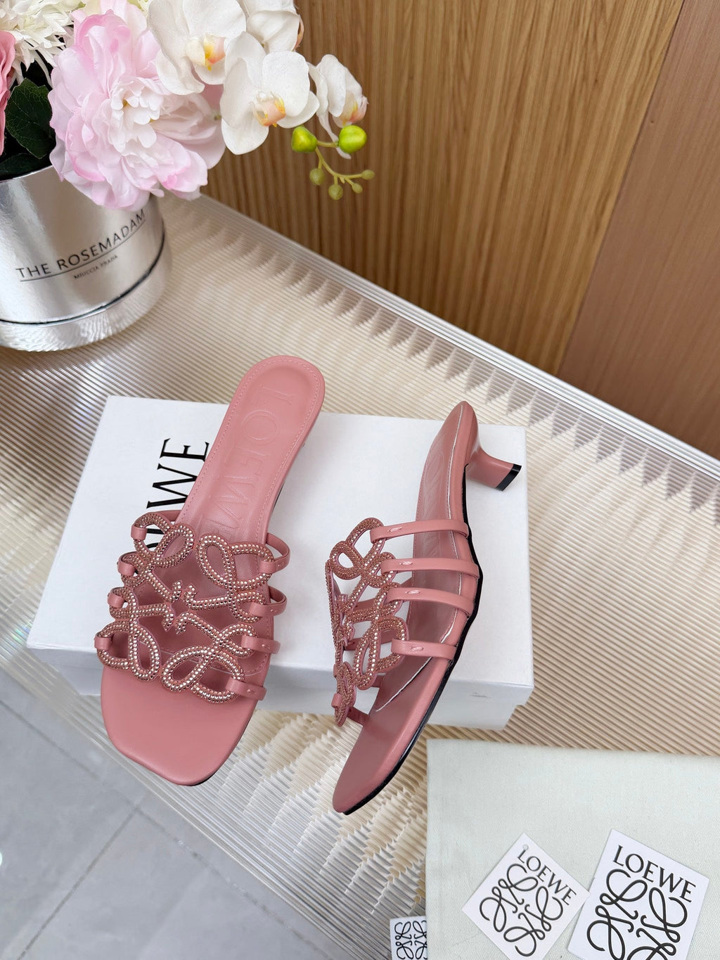 LOEWE 26S PETAL ANAGRAM SLIDE 45MM IN PINK SOFT CALFSKIN WITH CRYSTALS