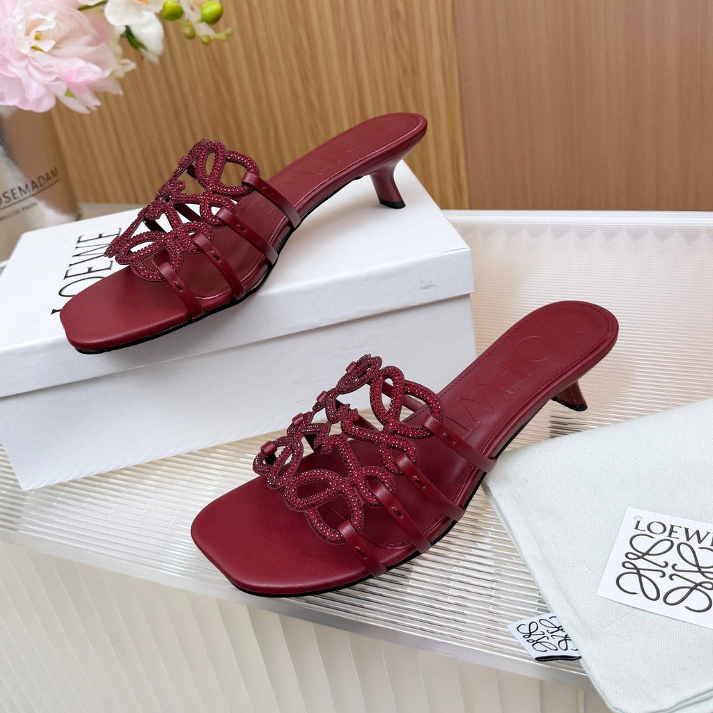 LOEWE 26S PETAL ANAGRAM SLIDE 45MM IN DARK RED SOFT CALFSKIN WITH CRYSTALS