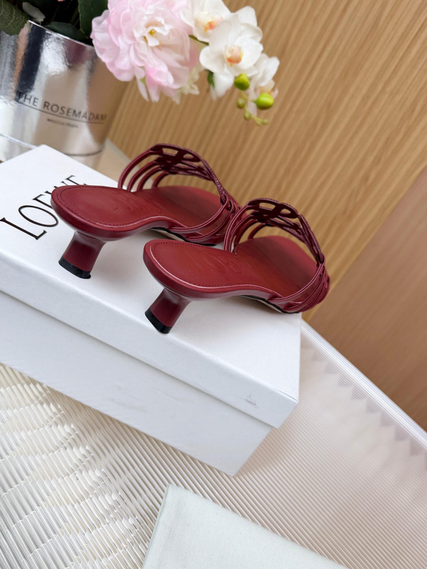 LOEWE 26S PETAL ANAGRAM SLIDE 45MM IN DARK RED SOFT CALFSKIN WITH CRYSTALS