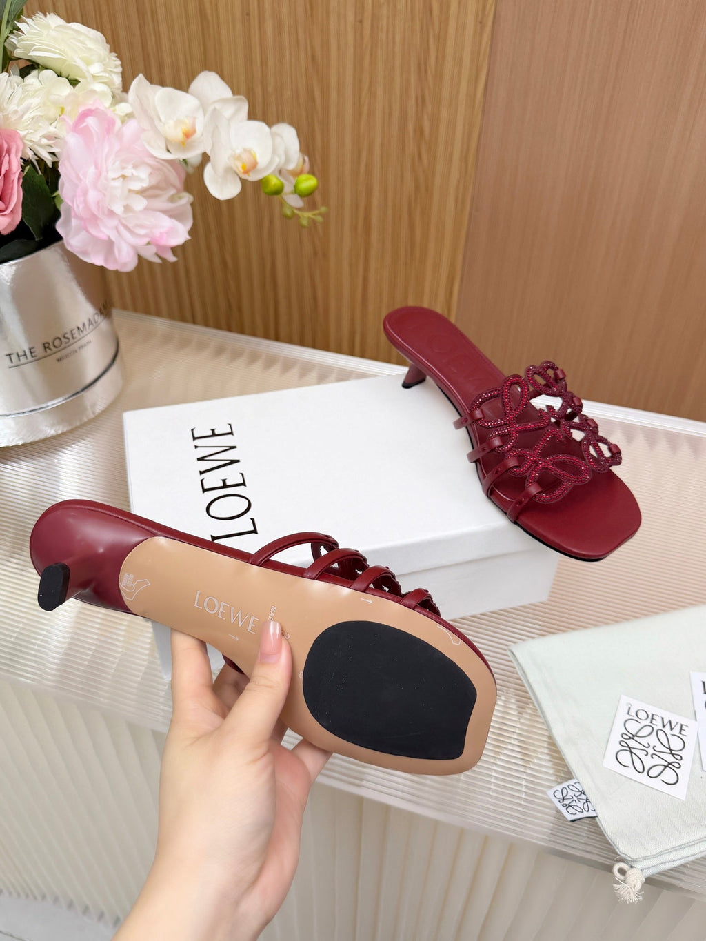 LOEWE 26S PETAL ANAGRAM SLIDE 45MM IN DARK RED SOFT CALFSKIN WITH CRYSTALS