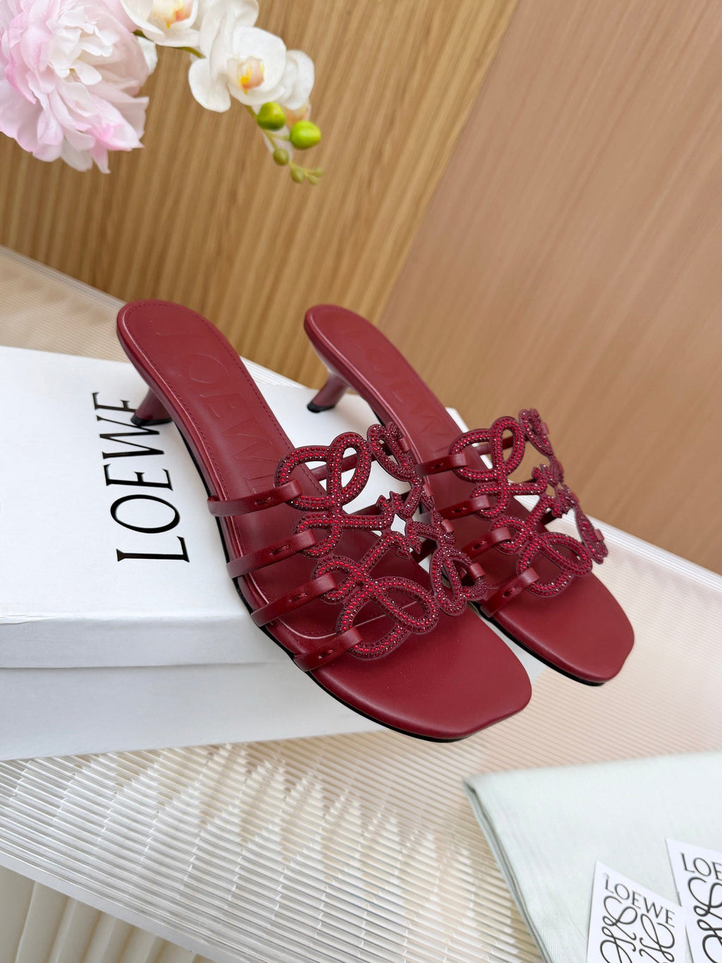 LOEWE 26S PETAL ANAGRAM SLIDE 45MM IN DARK RED SOFT CALFSKIN WITH CRYSTALS