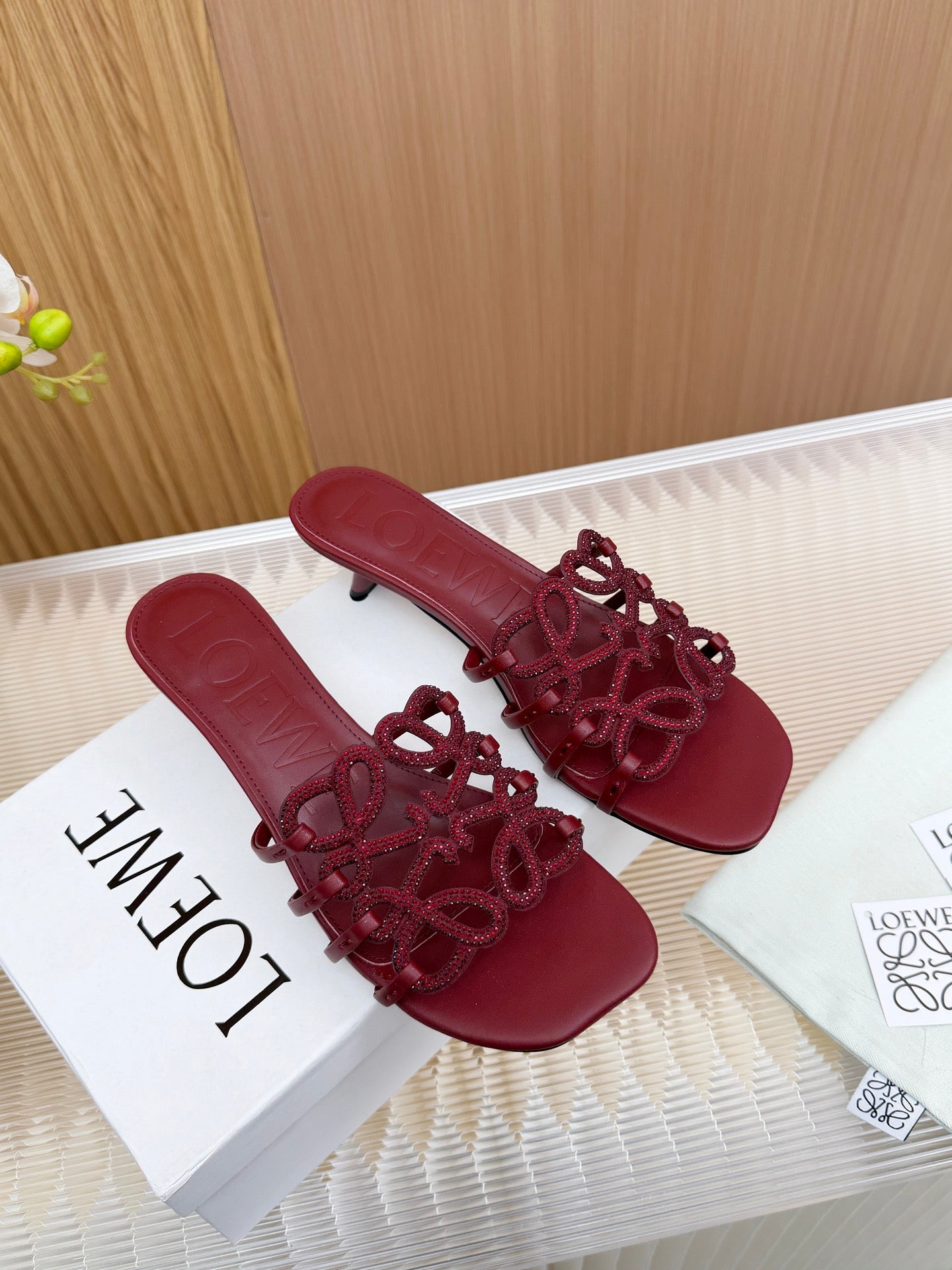 LOEWE 26S PETAL ANAGRAM SLIDE 45MM IN DARK RED SOFT CALFSKIN WITH CRYSTALS